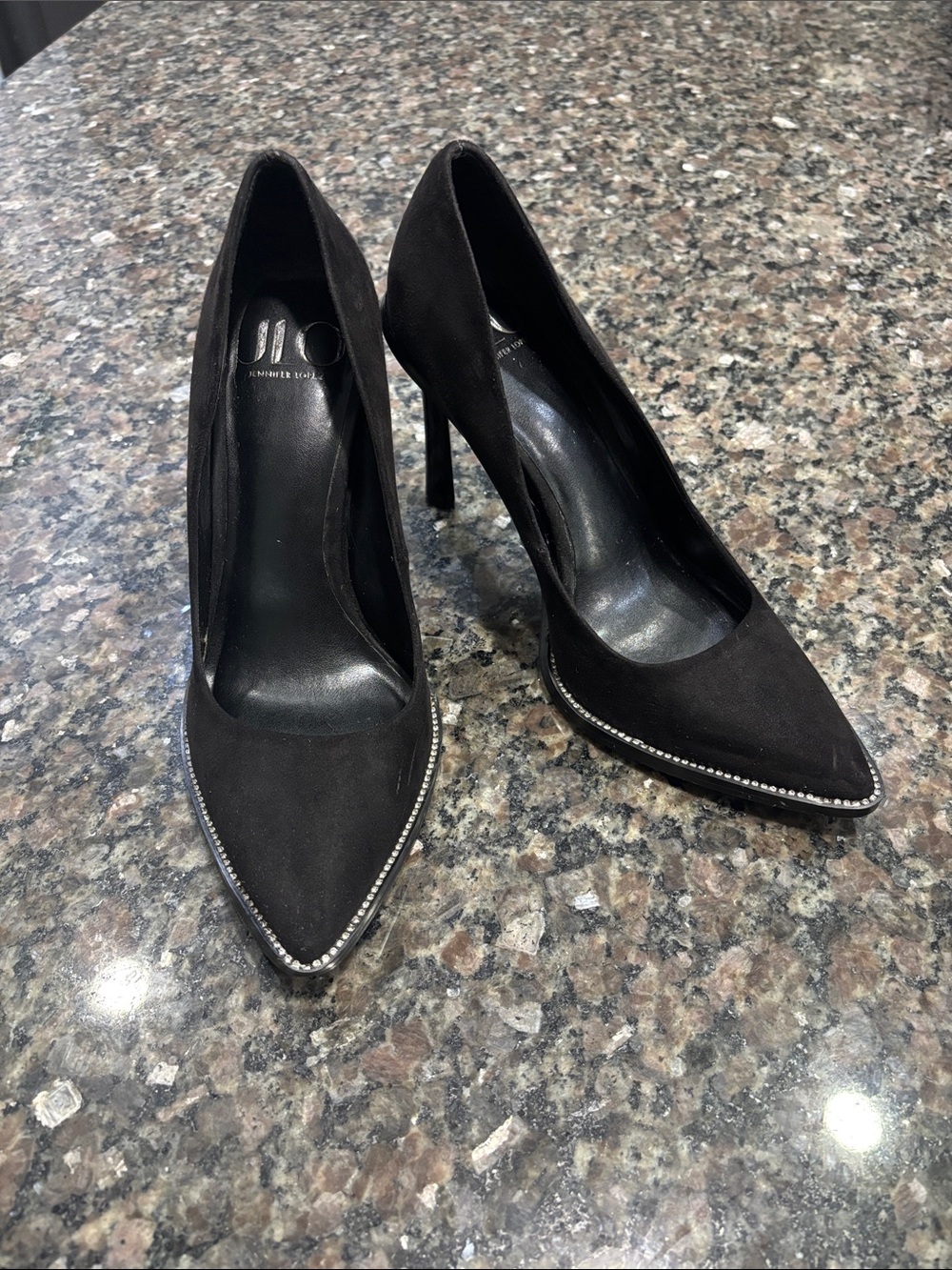 Jennifer Lopez Black Pointed Suede Stiletto Heels with Rhinestone Trim